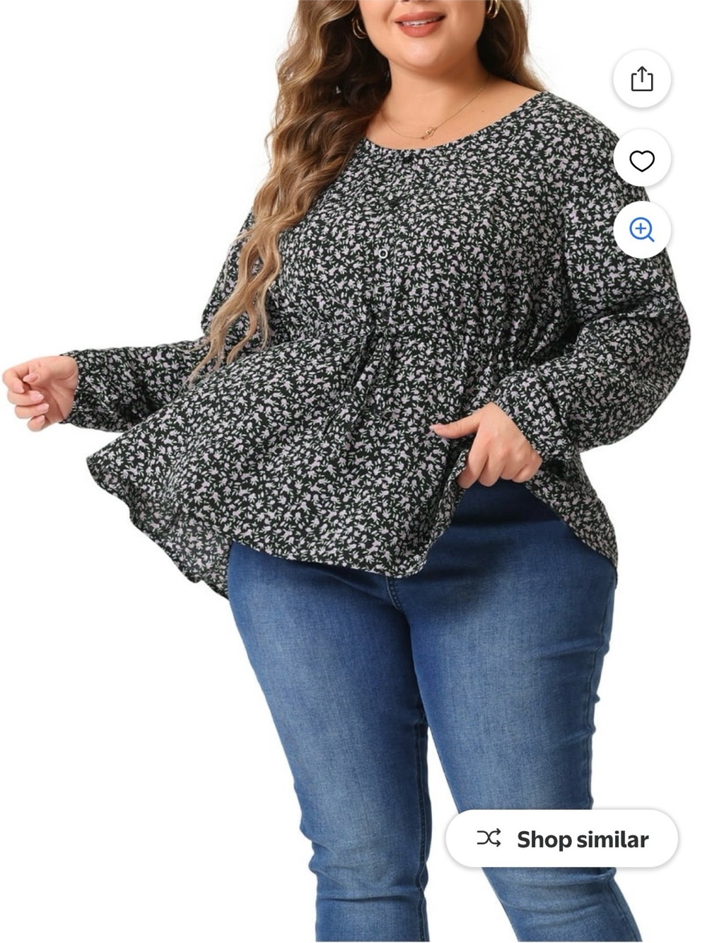 Plus Size Black Floral Peplum Long-Sleeve Blouse